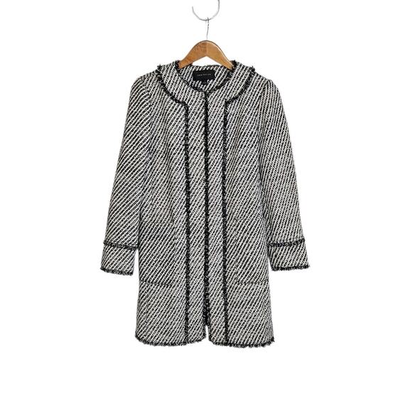 Ann Taylor Black White Silver Striped Tweed Round Neck Lined Dress Coat Medium - Picture 1 of 11